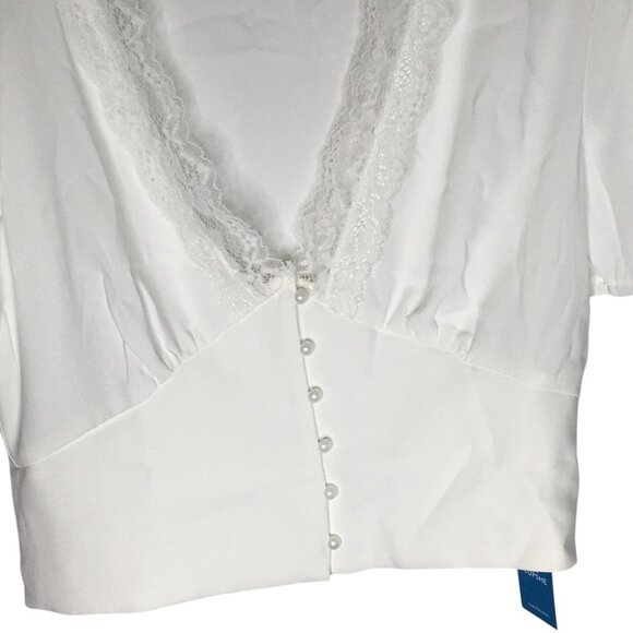 feminine  Babydoll Cropped Top Womens Sz L White Lace V Neck Angelcore dainty - Picture 7 of 16